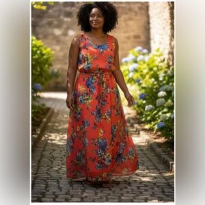 Speed Control- Red Orange with Blue Detailing Floral Maxi Dress Size L